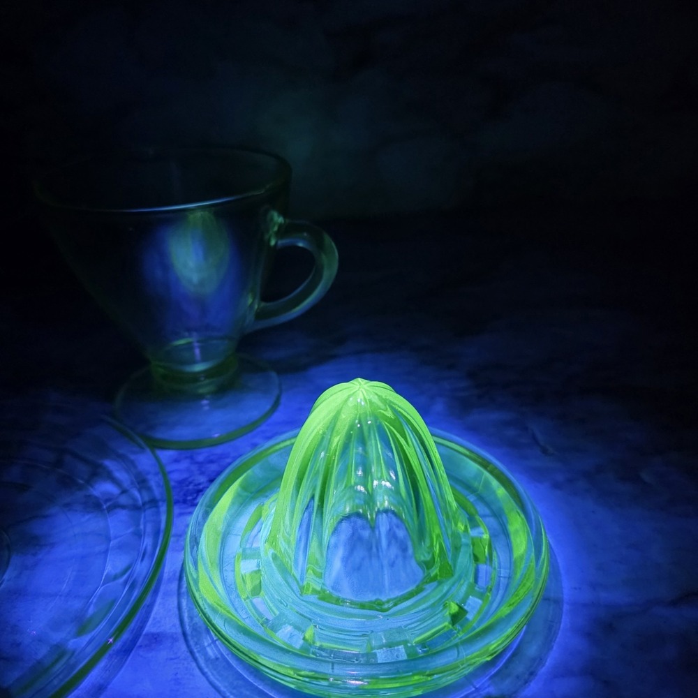 Vintage Uranium Glass 3 Pieces Creamer Juicer & saucer Read Description